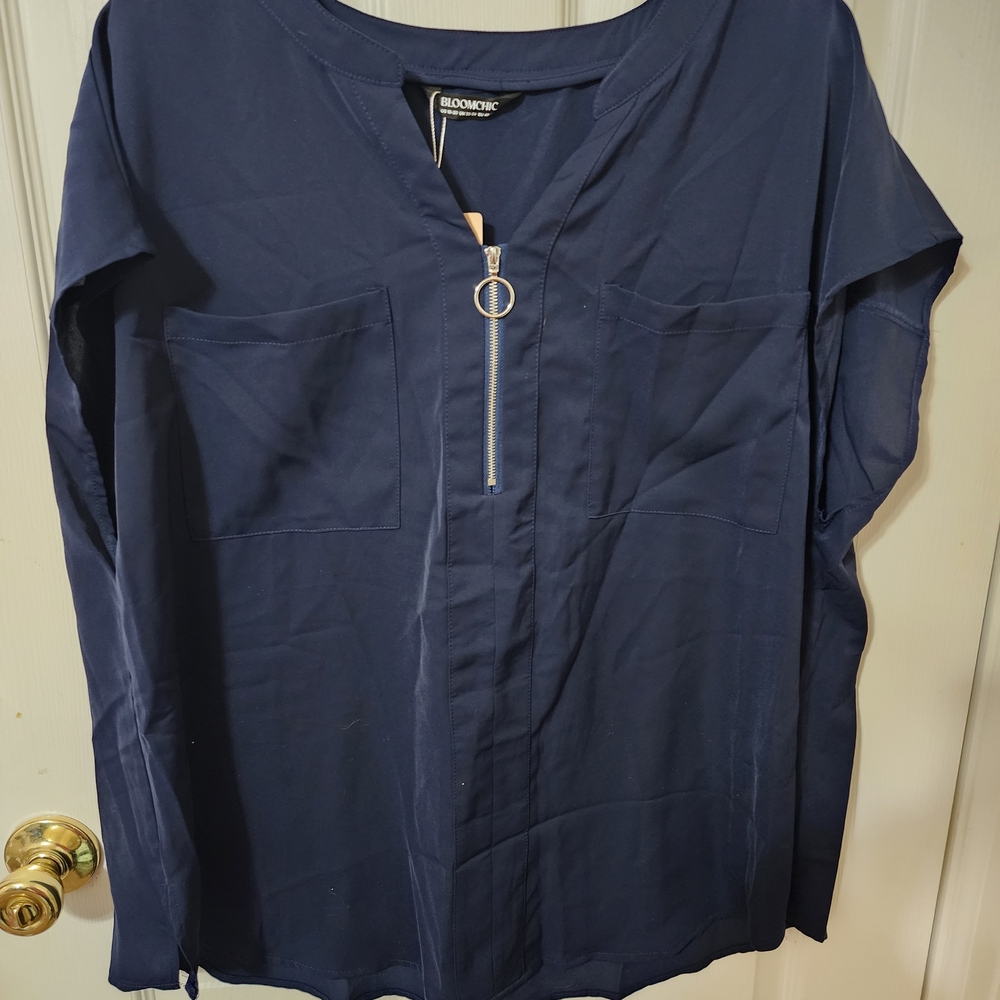 BloomChic Women's Navy Blouse with Front Zipper